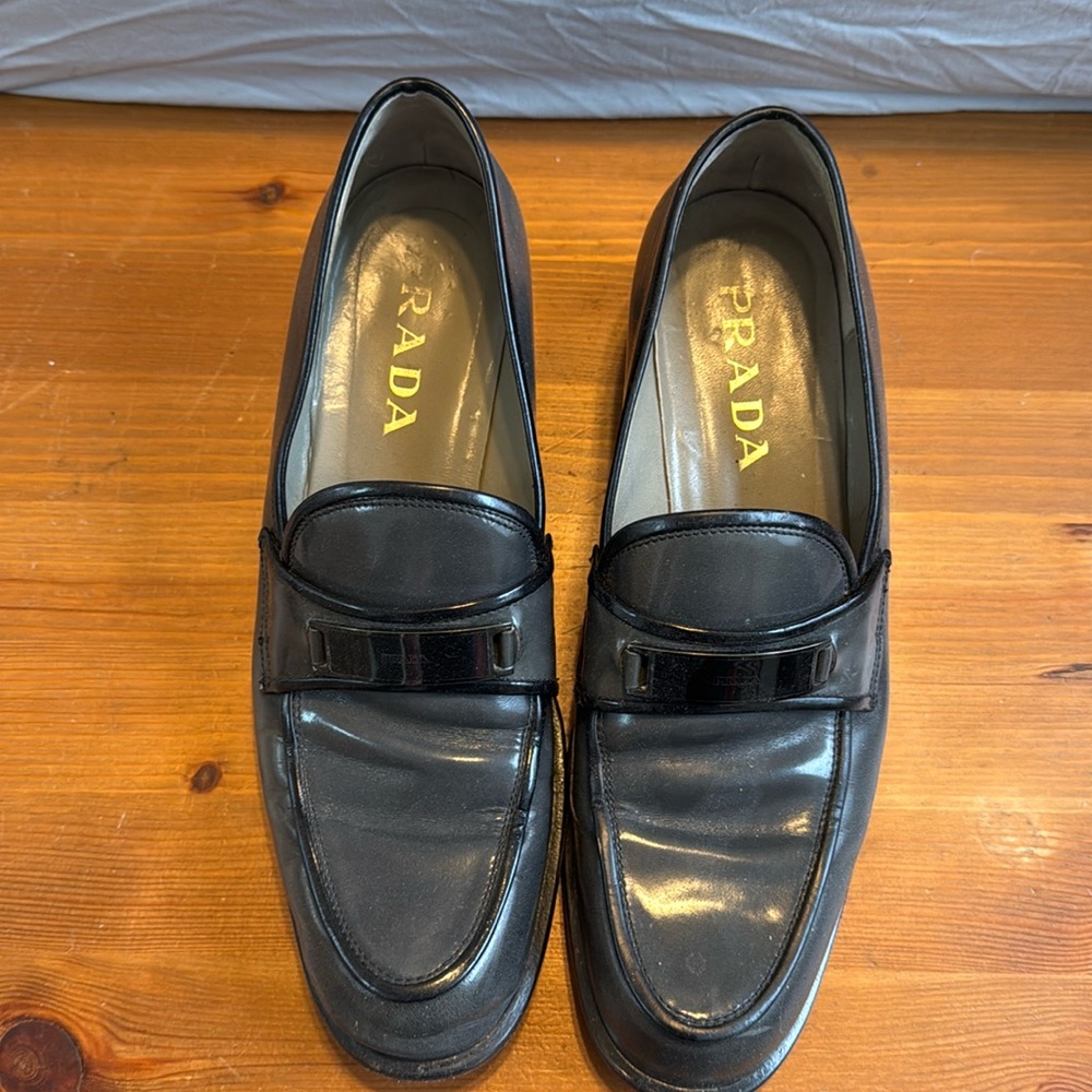 Prada Vintage Y2K Grey Block Heel Loafers Dark Academia